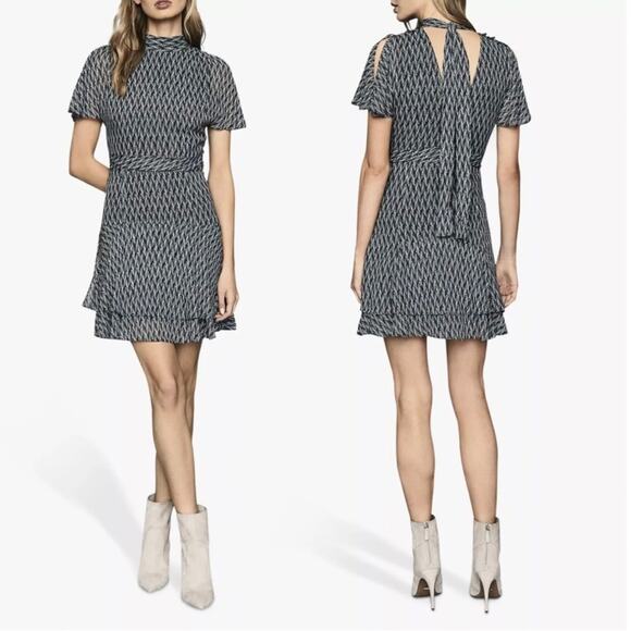 Reiss Rayah Printed Flippy Dress Blue Size 12 Mini Tie Detail Party Event Work - Picture 1 of 13